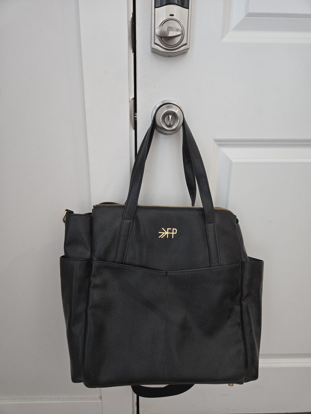 Black Leather Tote Bag with Gold Logo -